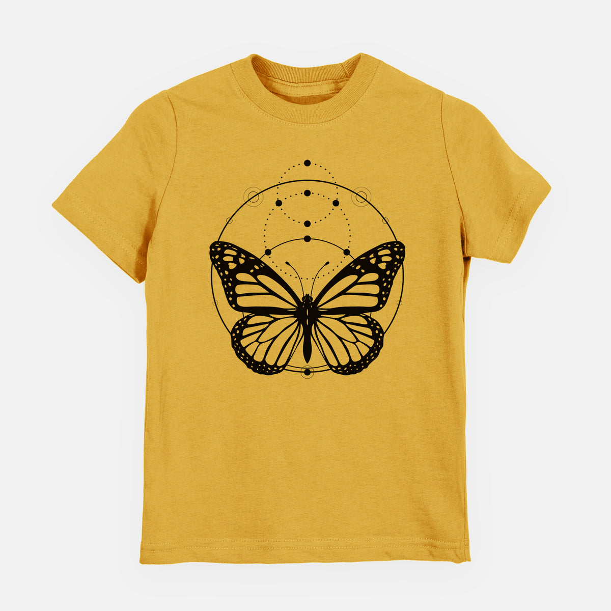 Honeycomb yellow youth t-shirt laid flat, printed with a black ink monarch butterfly inside a circle, beneath a line of moon phases.