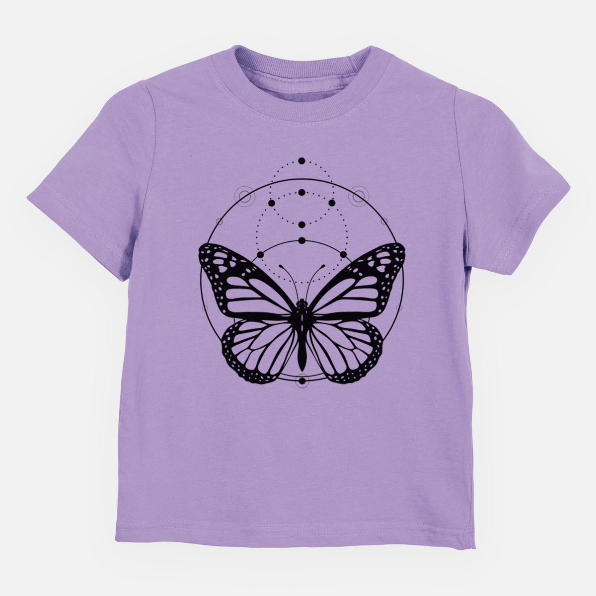 Lavender toddler t-shirt laid flat, printed with a black ink monarch butterfly inside a circle, beneath a line of moon phases.