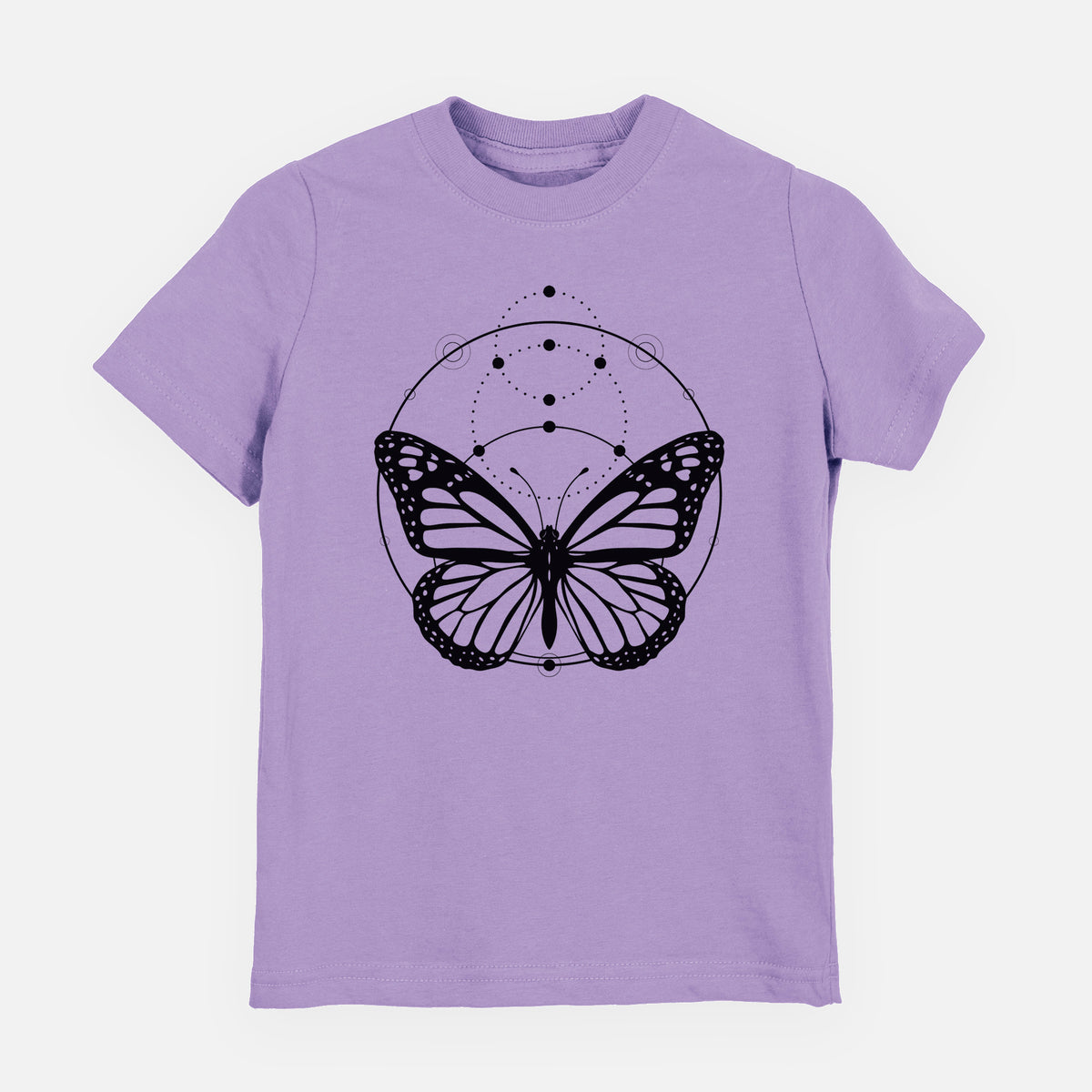 Lavender youth t-shirt laid flat, printed with a black ink monarch butterfly inside a circle, beneath a line of moon phases.