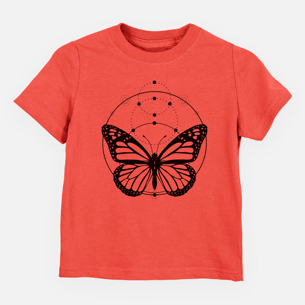 Passionfruit pink toddler t-shirt laid flat, printed with a black ink monarch butterfly inside a circle, beneath a line of moon phases.