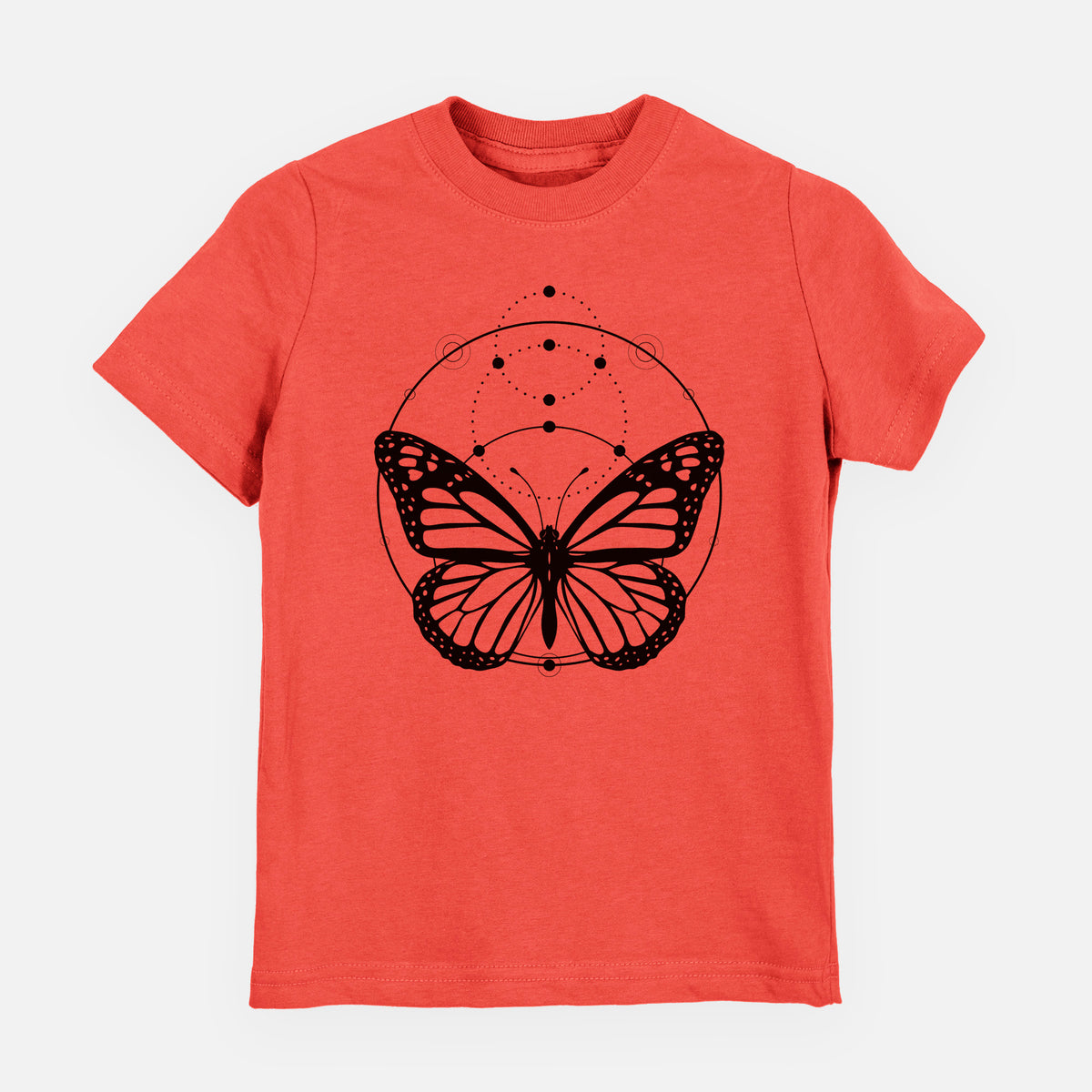 Passionfruit pink youth t-shirt laid flat, printed with a black ink monarch butterfly inside a circle, beneath a line of moon phases.