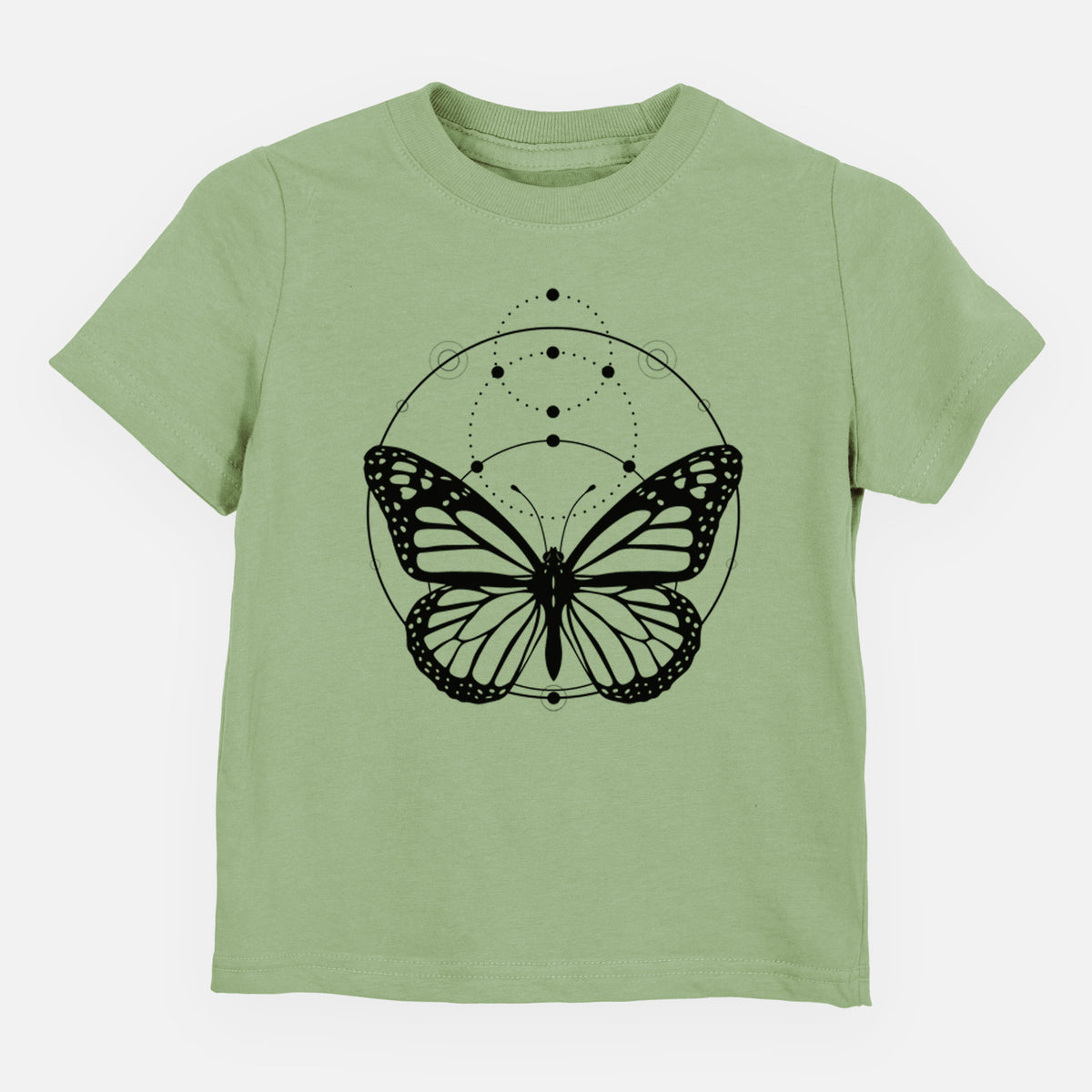 Sage green toddler t-shirt laid flat, printed with a black ink monarch butterfly inside a circle, beneath a line of moon phases.