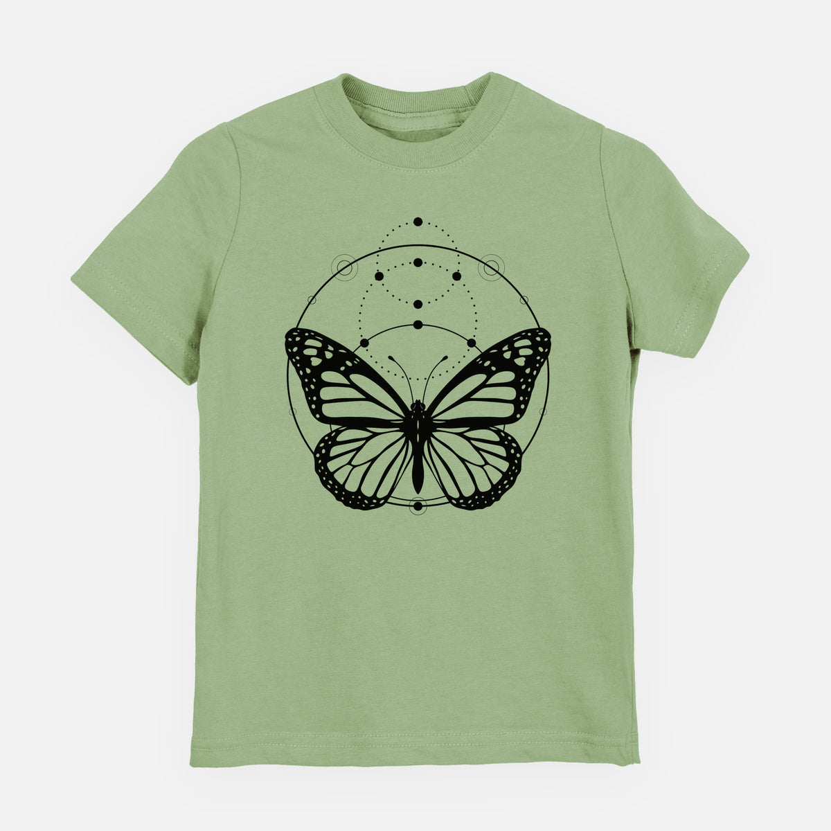 Sage green youth t-shirt laid flat, printed with a black ink monarch butterfly inside a circle, beneath a line of moon phases.