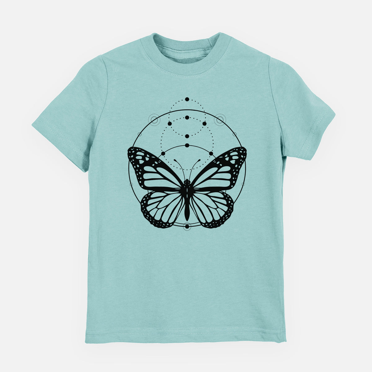 Saltwater youth t-shirt laid flat, printed with a black ink monarch butterfly inside a circle, beneath a line of moon phases.
