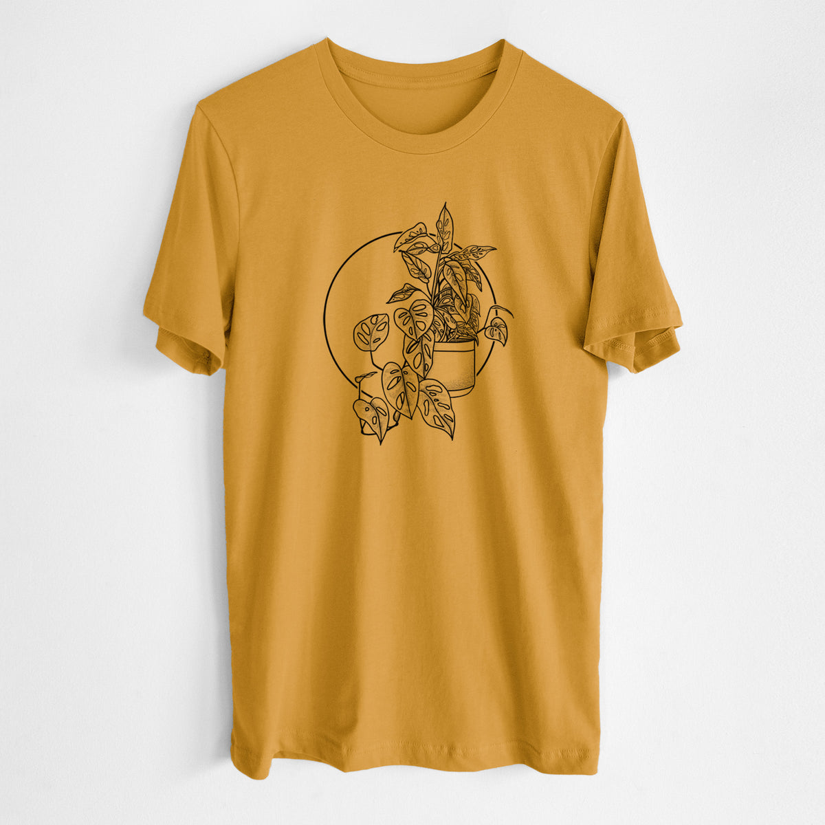 Honeycomb yellow lightweight cotton t-shirt laid flat, printed with a black ink illustration of a potted Monsteradansonii plant with trailing vines in front of a circle.