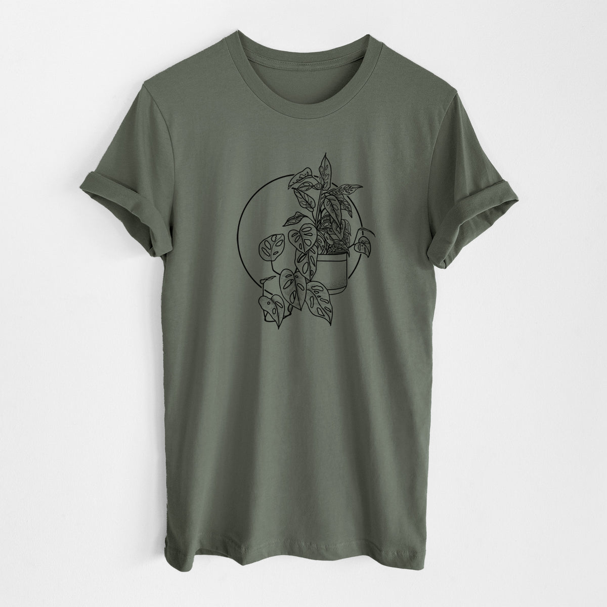 Military green lightweight cotton t-shirt laid flat, printed with a black ink illustration of a potted Monsteradansonii plant with trailing vines in front of a circle.