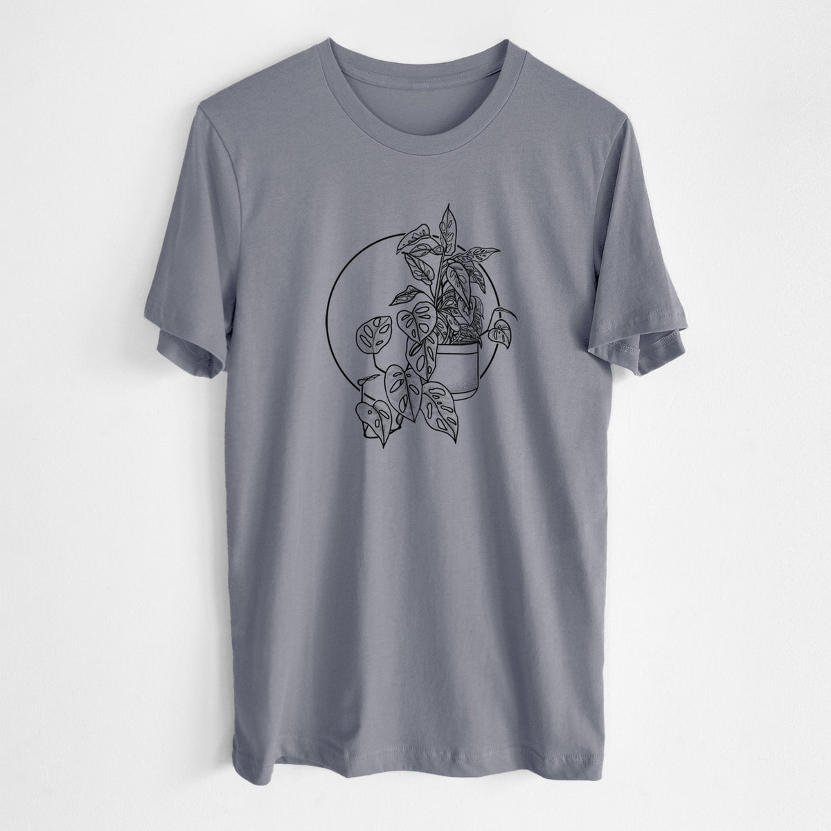 Storm grey lightweight cotton t-shirt laid flat, printed with a black ink illustration of a potted Monsteradansonii plant with trailing vines in front of a circle.