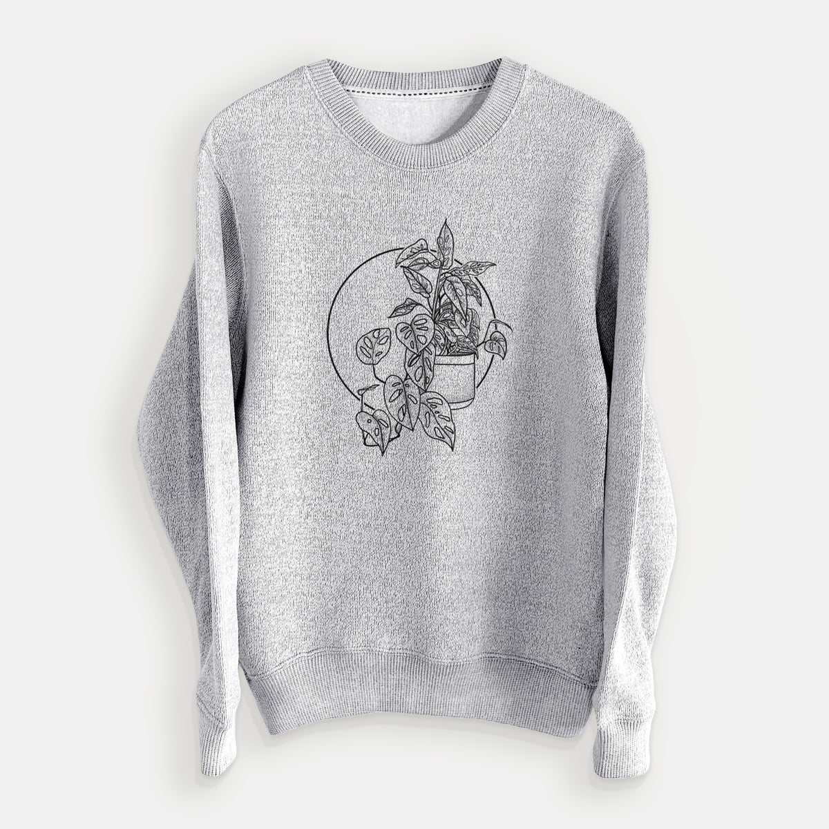 Salt and pepper knit sweatshirt laid flat, printed with a black ink illustration of a potted Monsteradansonii plant with trailing vines in front of a circle.