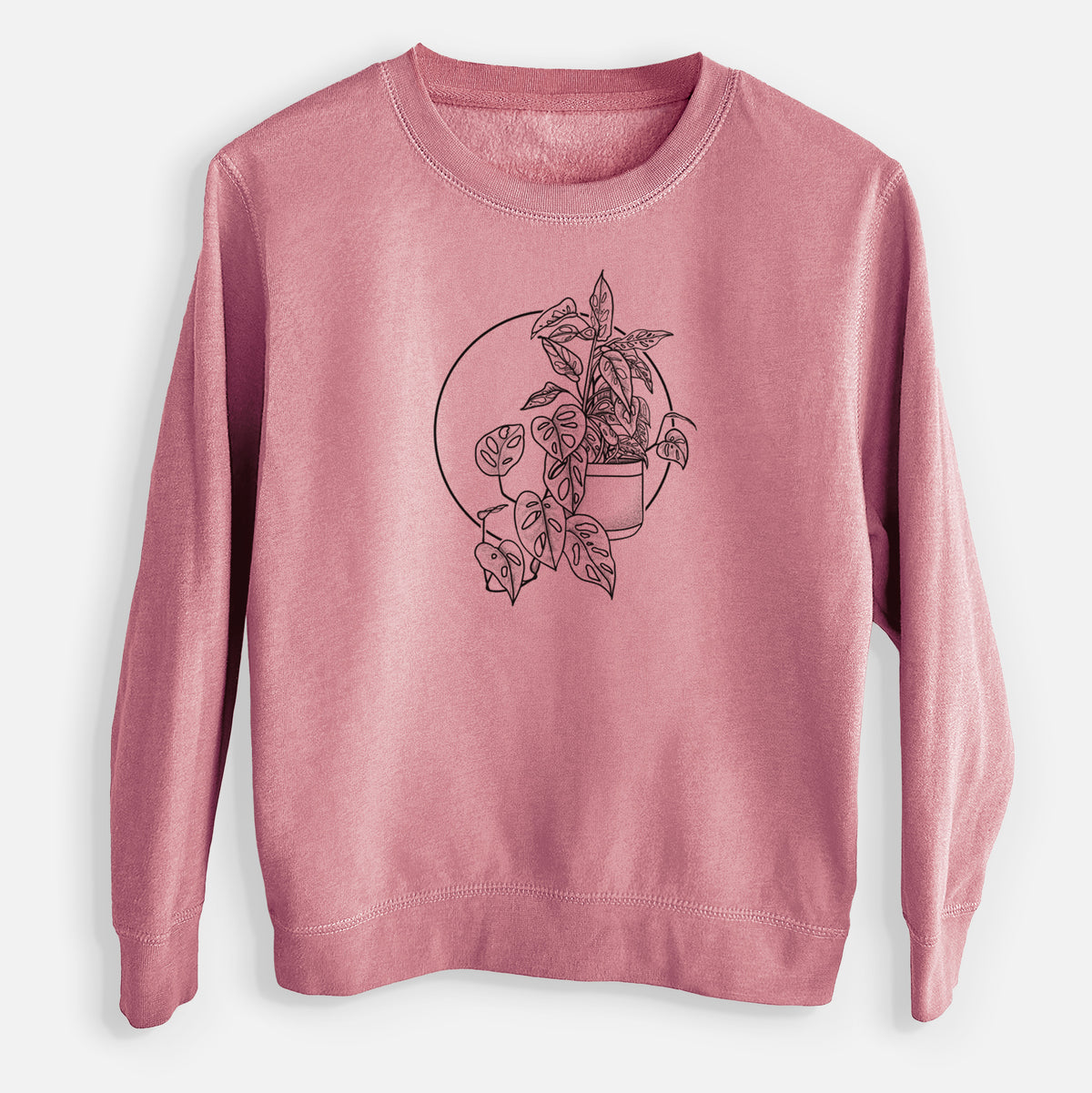 Mauve pink youth crewneck sweatshirt laid flat, printed with a black ink illustration of a potted Monsteradansonii plant with trailing vines in front of a circle.
