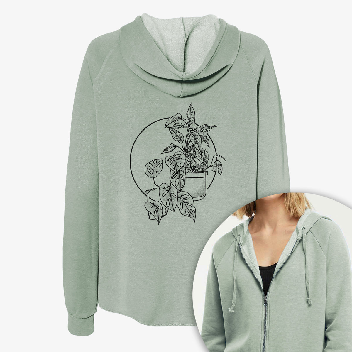 Women's Cali Wave zip-up sweatshirt printed with a black ink illustration of a potted Monsteradansonii plant with trailing vines in front of a circle, with a close-up of the zipper.