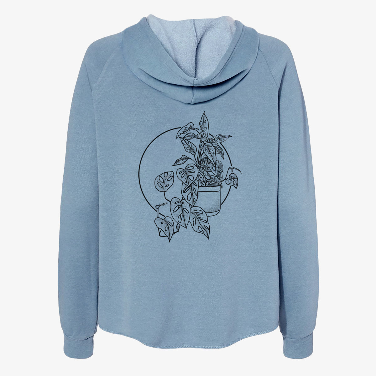 Misty blue women's Cali Wave zip-up sweatshirt laid flat, printed with a black ink illustration of a potted Monsteradansonii plant with trailing vines in front of a circle.