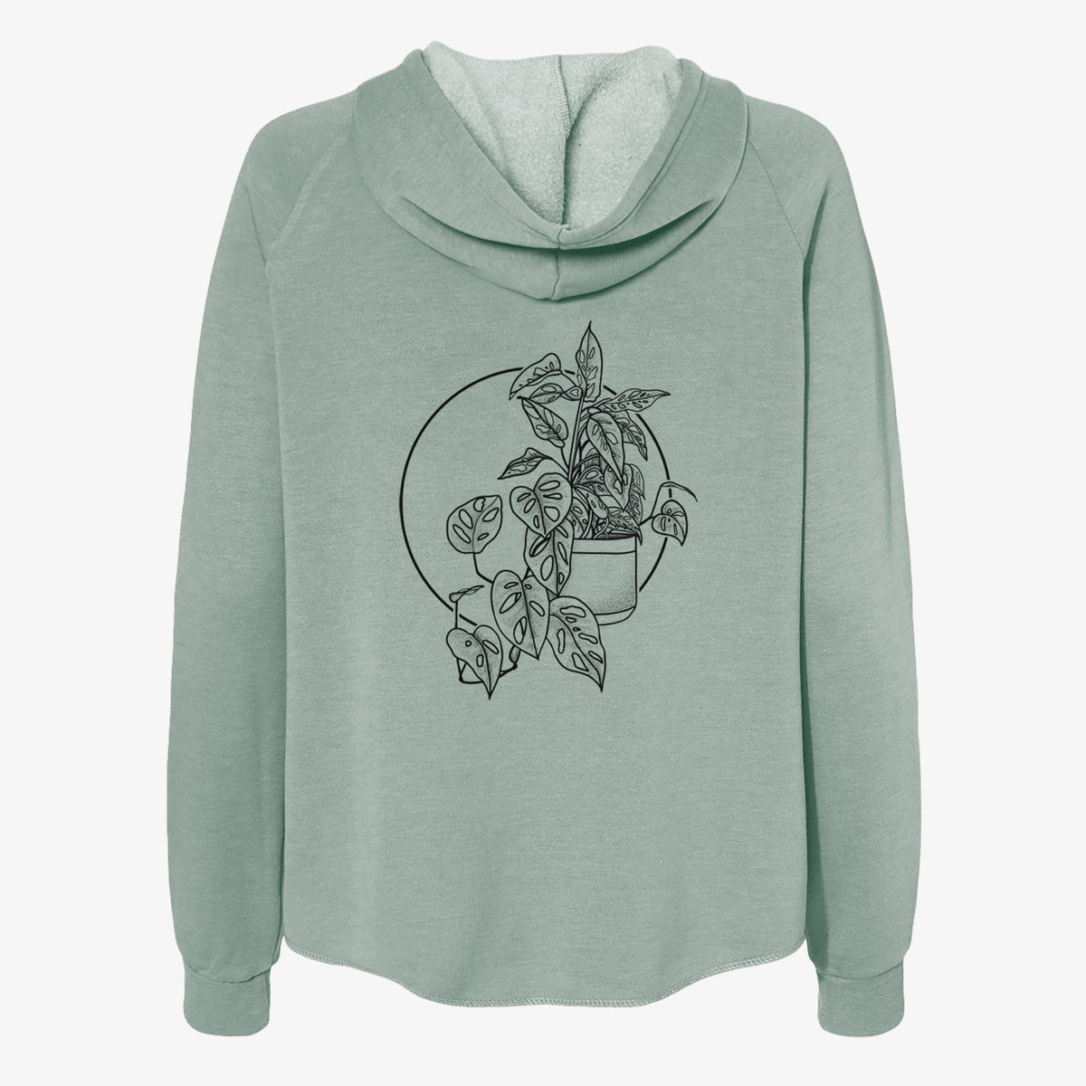 Sage green women's Cali Wave zip-up sweatshirt laid flat, printed with a black ink illustration of a potted Monsteradansonii plant with trailing vines in front of a circle.