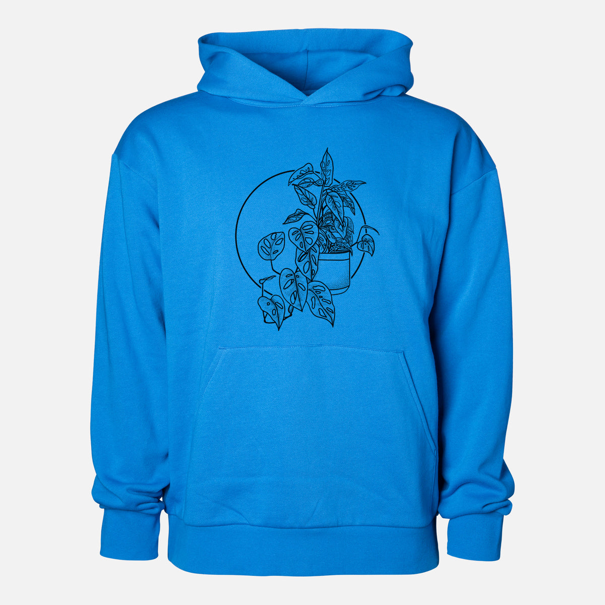 Monstera Adansonii - Statement Midweight Hoodie in Azure Blue, shown from the front with the design printed on the chest above a front kangaroo pocket.