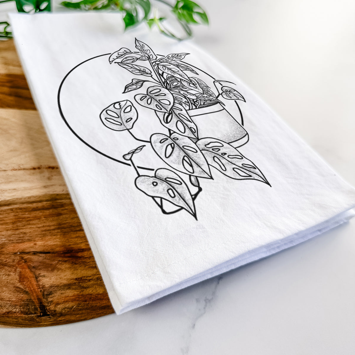 Close-up of a folded white tea towel on a wooden board, showing a black ink illustration of a potted Monsteradansonii plant with trailing vines in front of a circle.
