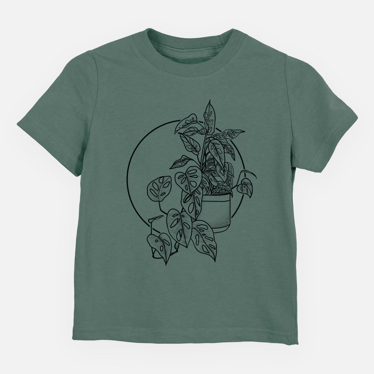 Basil green toddler t-shirt laid flat, printed with a black ink illustration of a potted Monsteradansonii plant with trailing vines in front of a circle.