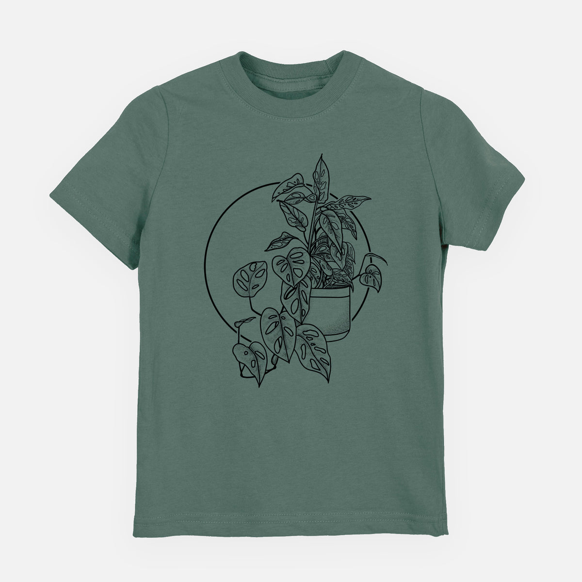 Basil green youth t-shirt laid flat, printed with a black ink illustration of a potted Monsteradansonii plant with trailing vines in front of a circle.