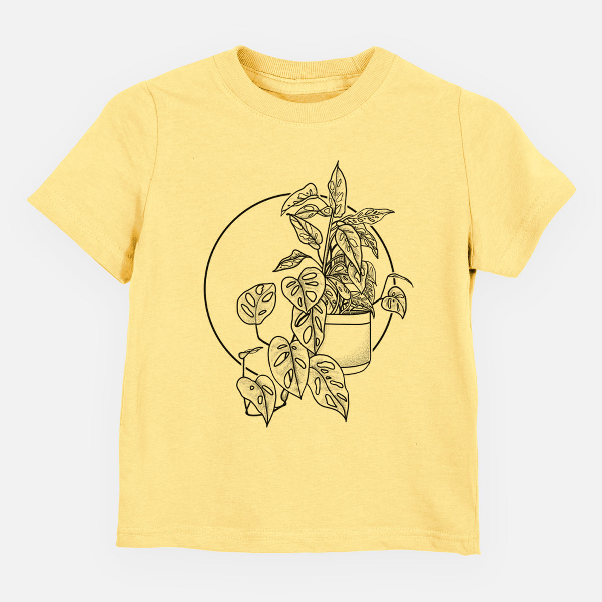 Butter yellow toddler t-shirt laid flat, printed with a black ink illustration of a potted Monsteradansonii plant with trailing vines in front of a circle.