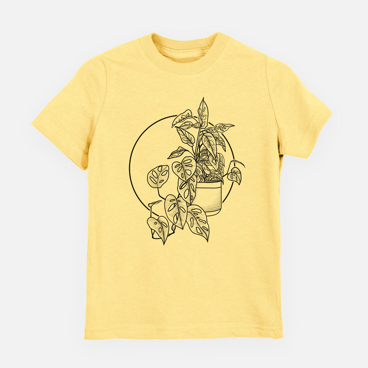 Butter yellow youth t-shirt laid flat, printed with a black ink illustration of a potted Monsteradansonii plant with trailing vines in front of a circle.