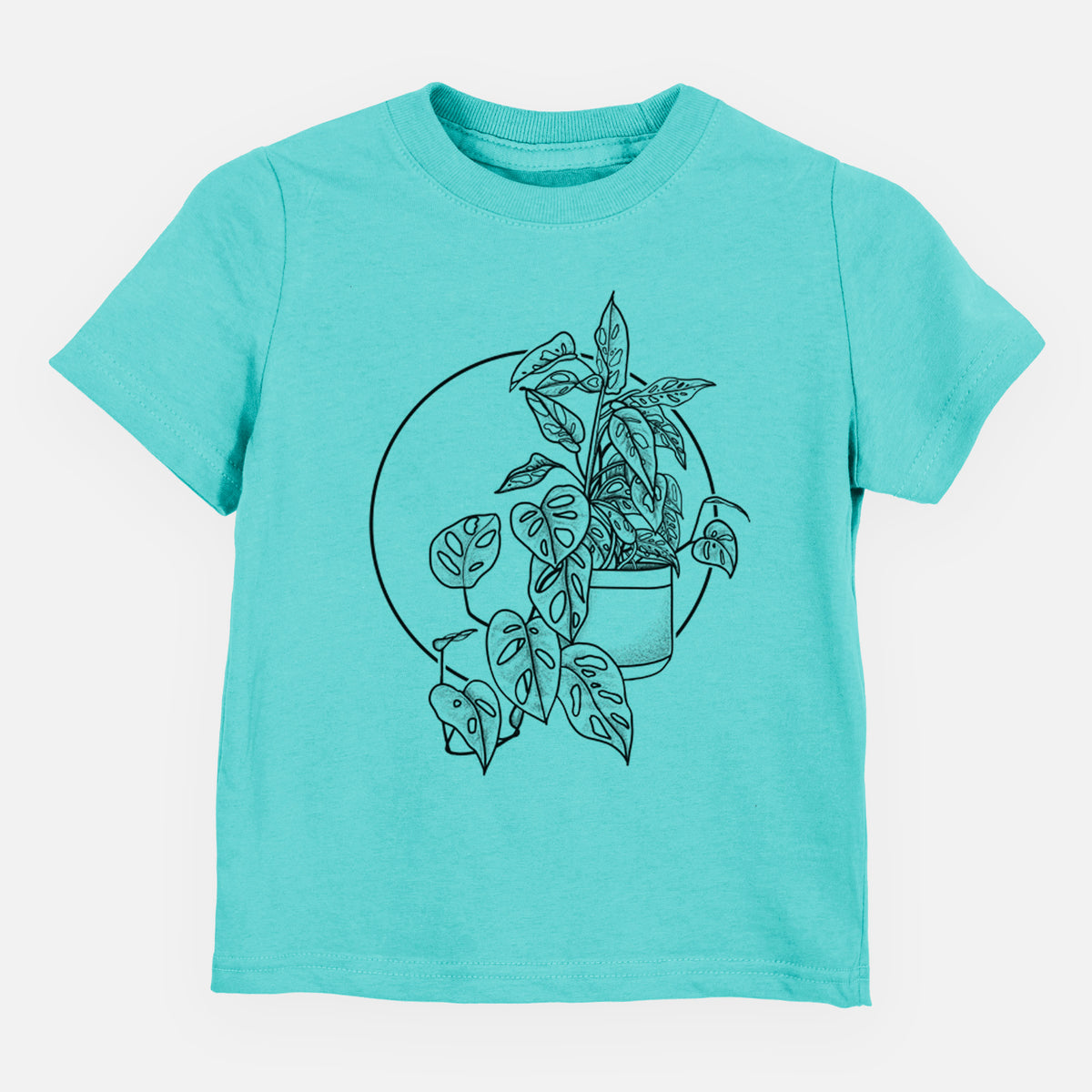Caribbean blue toddler t-shirt laid flat, printed with a black ink illustration of a potted Monsteradansonii plant with trailing vines in front of a circle.