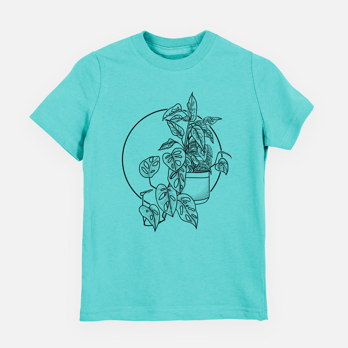 Caribbean blue youth t-shirt laid flat, printed with a black ink illustration of a potted Monsteradansonii plant with trailing vines in front of a circle.