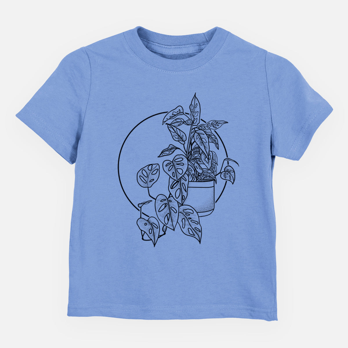 Carolina blue toddler t-shirt laid flat, printed with a black ink illustration of a potted Monsteradansonii plant with trailing vines in front of a circle.