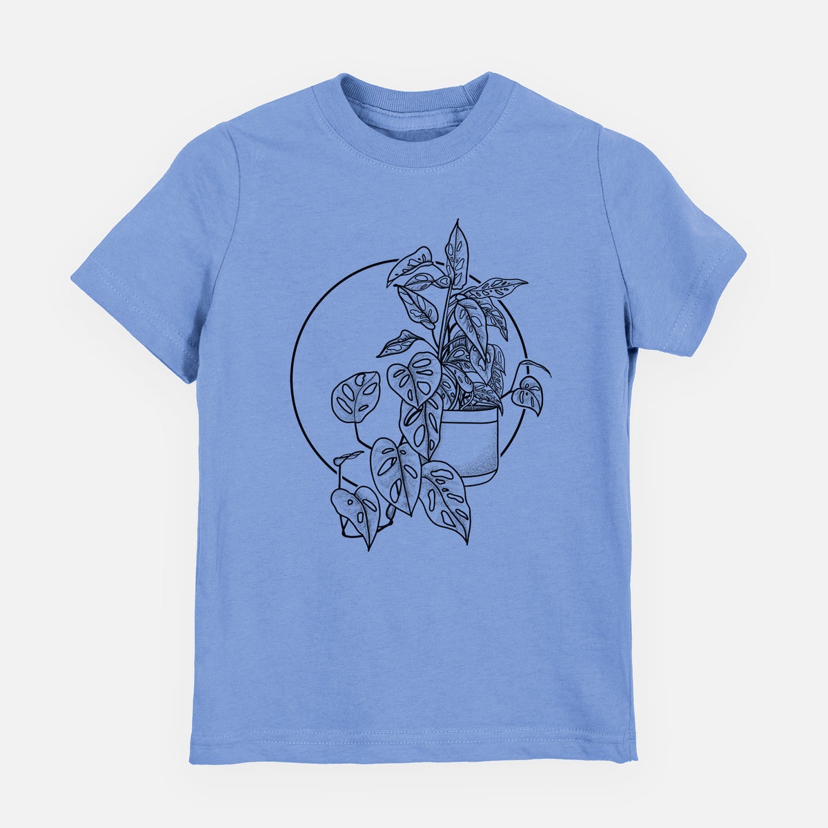 Carolina blue youth t-shirt laid flat, printed with a black ink illustration of a potted Monsteradansonii plant with trailing vines in front of a circle.