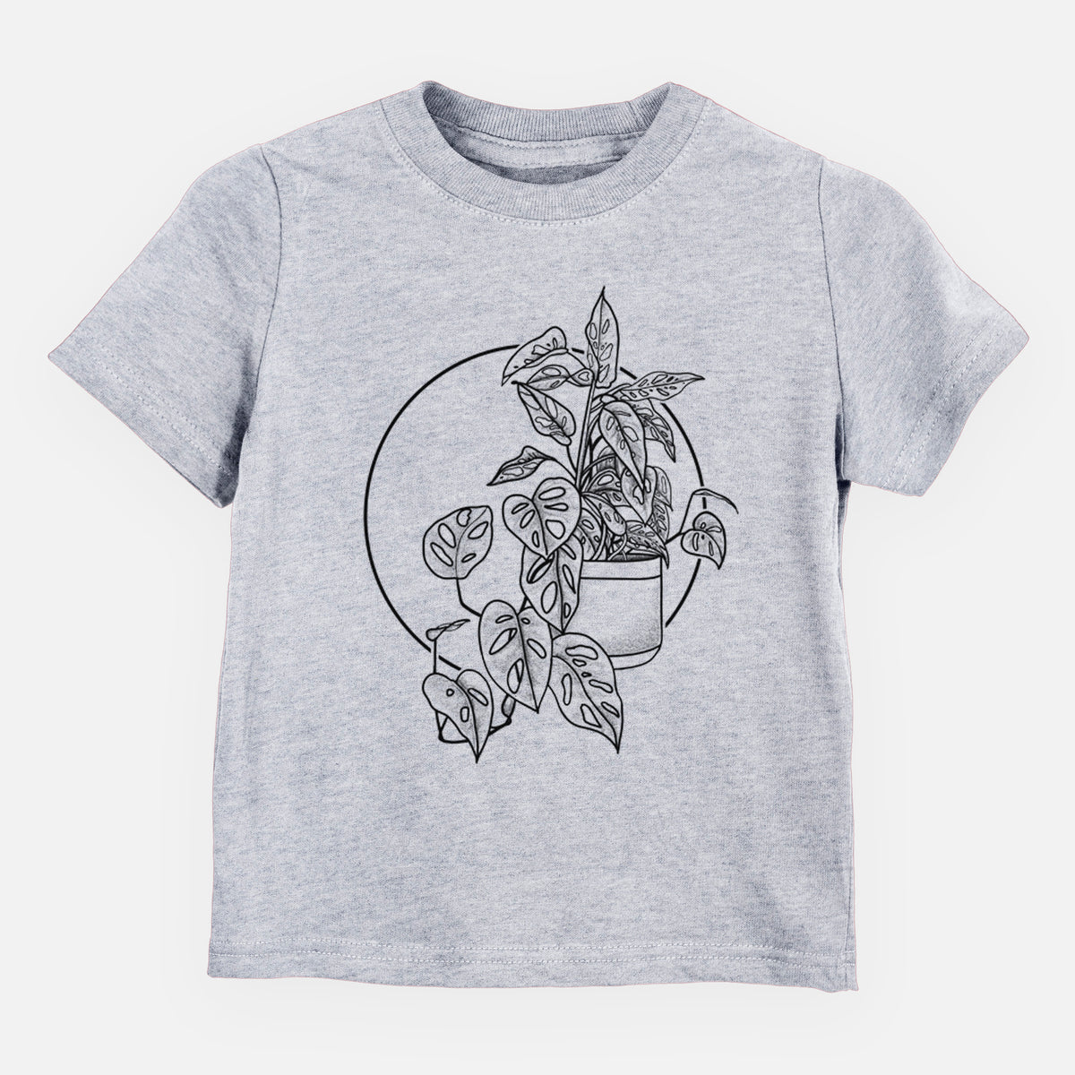 Heather grey toddler t-shirt laid flat, printed with a black ink illustration of a potted Monsteradansonii plant with trailing vines in front of a circle.