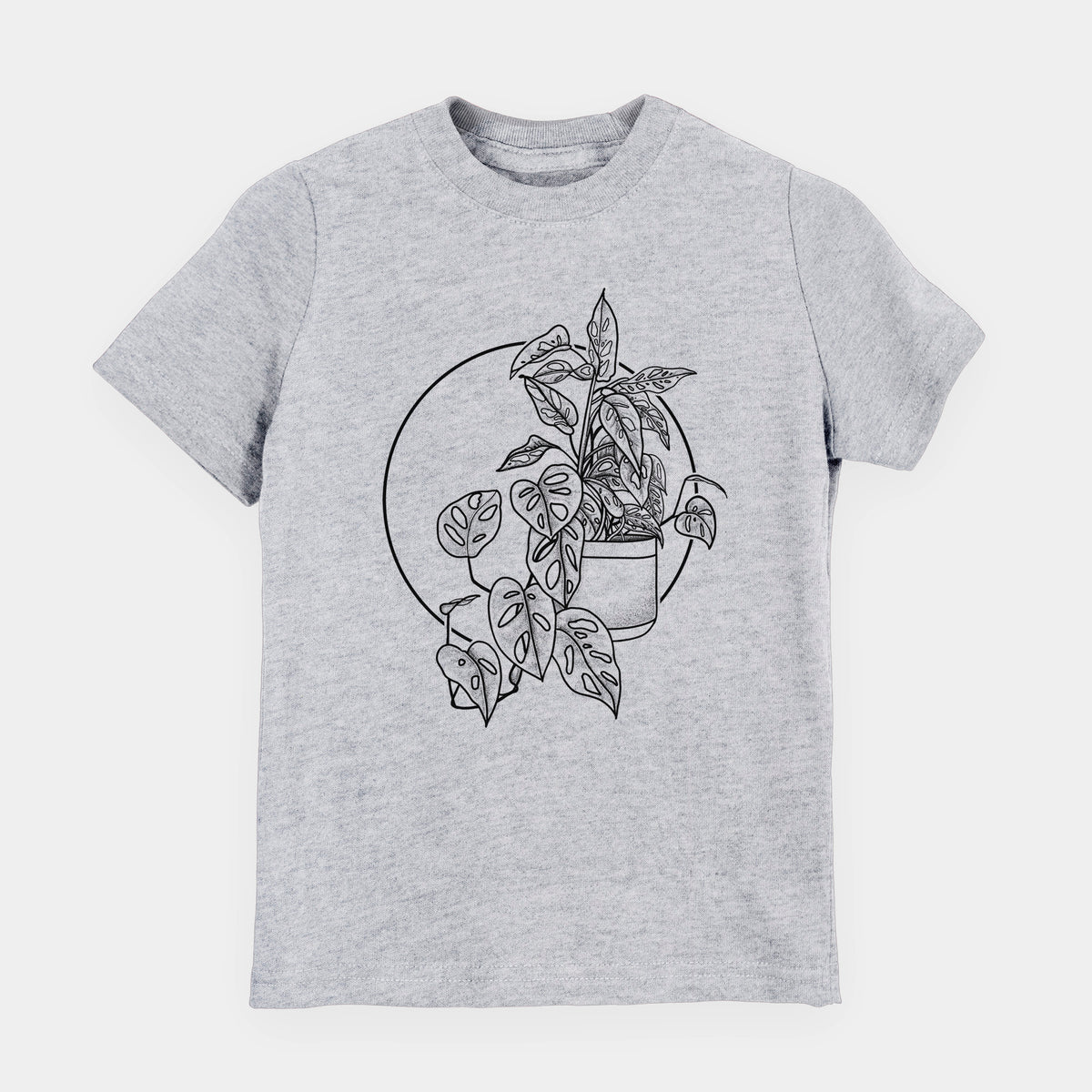 Heather grey youth t-shirt laid flat, printed with a black ink illustration of a potted Monsteradansonii plant with trailing vines in front of a circle.