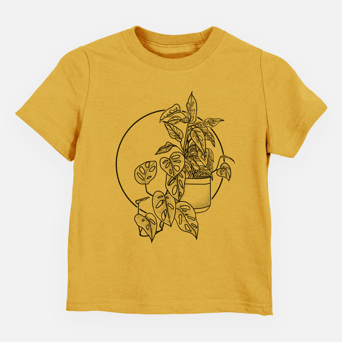 Honeycomb yellow toddler t-shirt laid flat, printed with a black ink illustration of a potted Monsteradansonii plant with trailing vines in front of a circle.