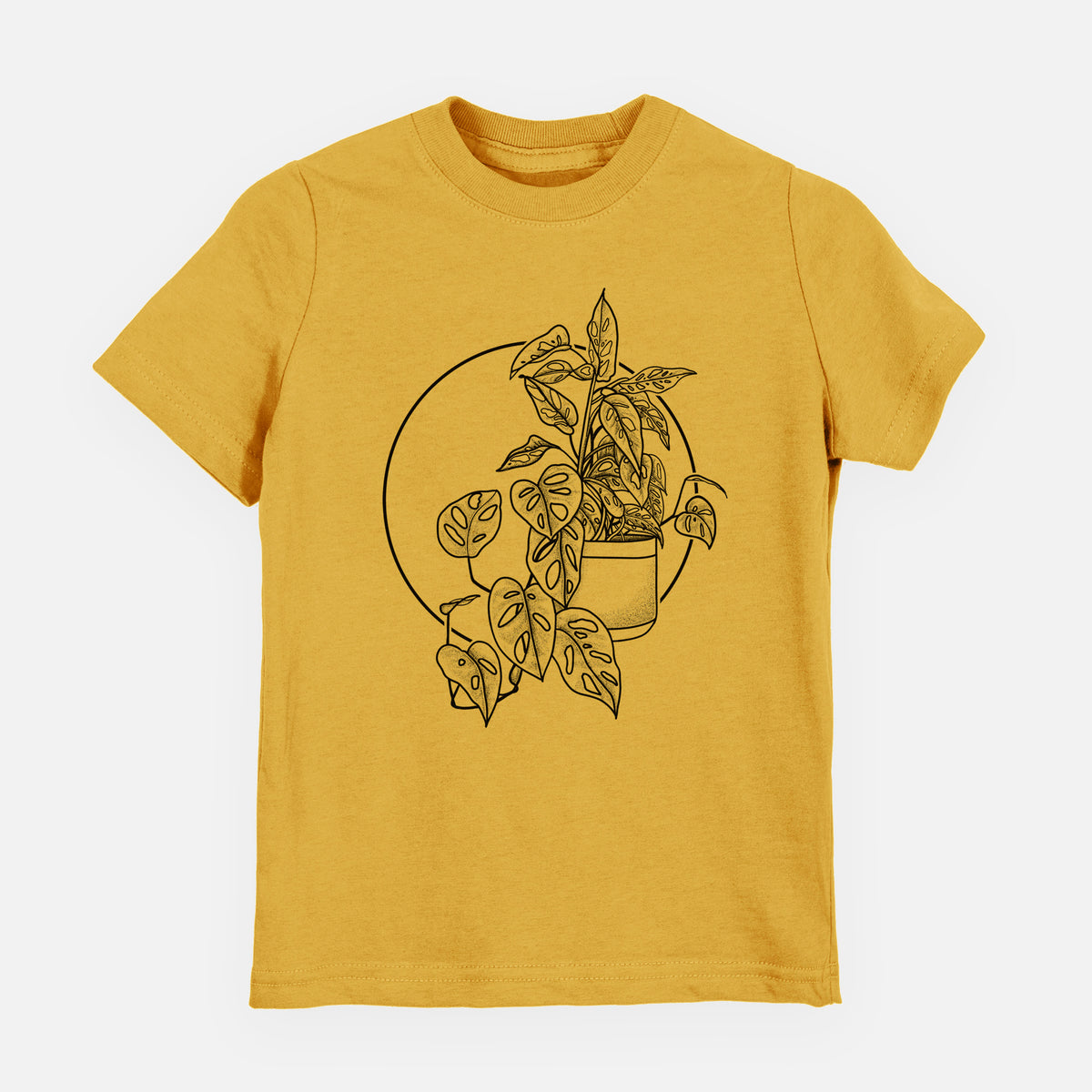 Honeycomb yellow youth t-shirt laid flat, printed with a black ink illustration of a potted Monsteradansonii plant with trailing vines in front of a circle.