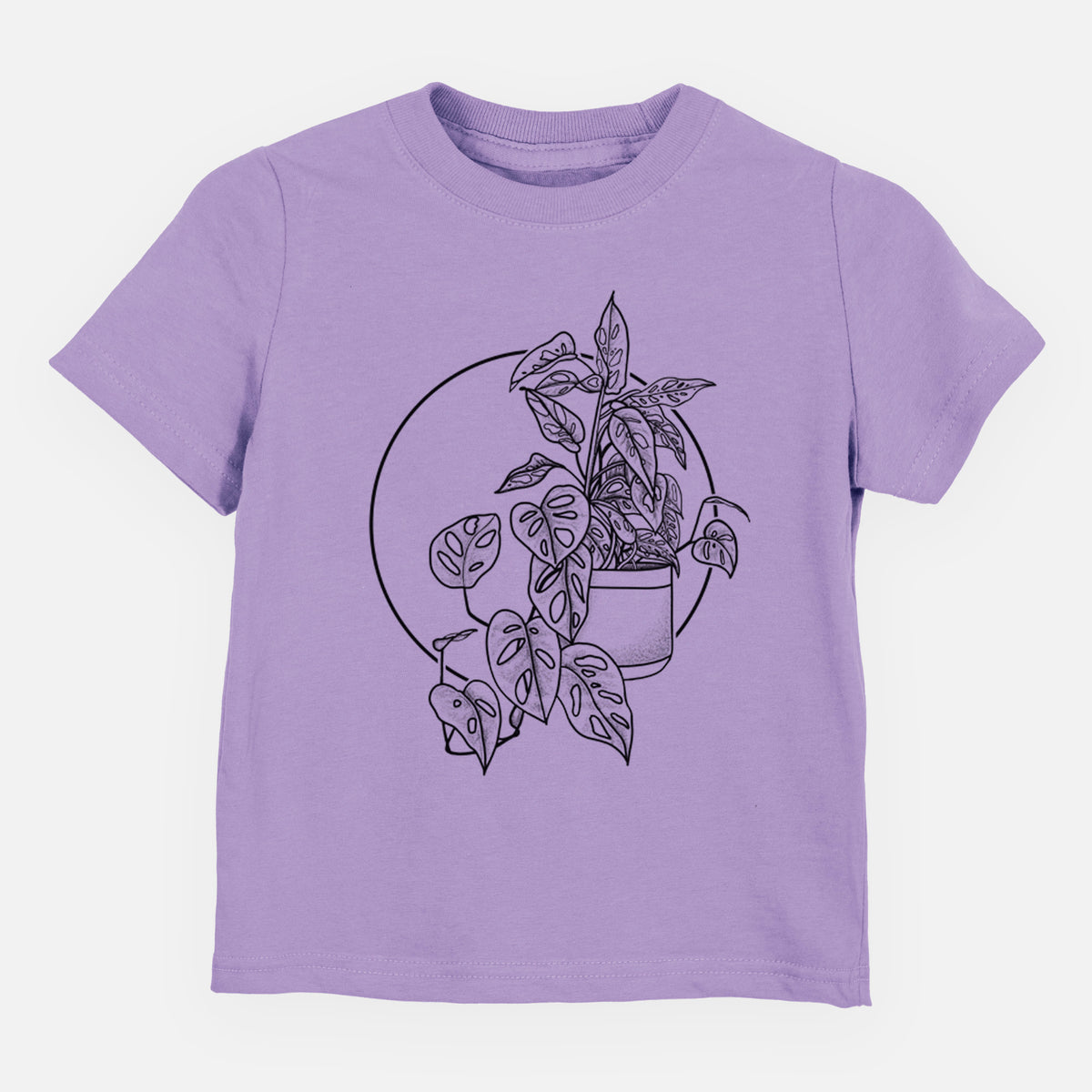 Lavender toddler t-shirt laid flat, printed with a black ink illustration of a potted Monsteradansonii plant with trailing vines in front of a circle.