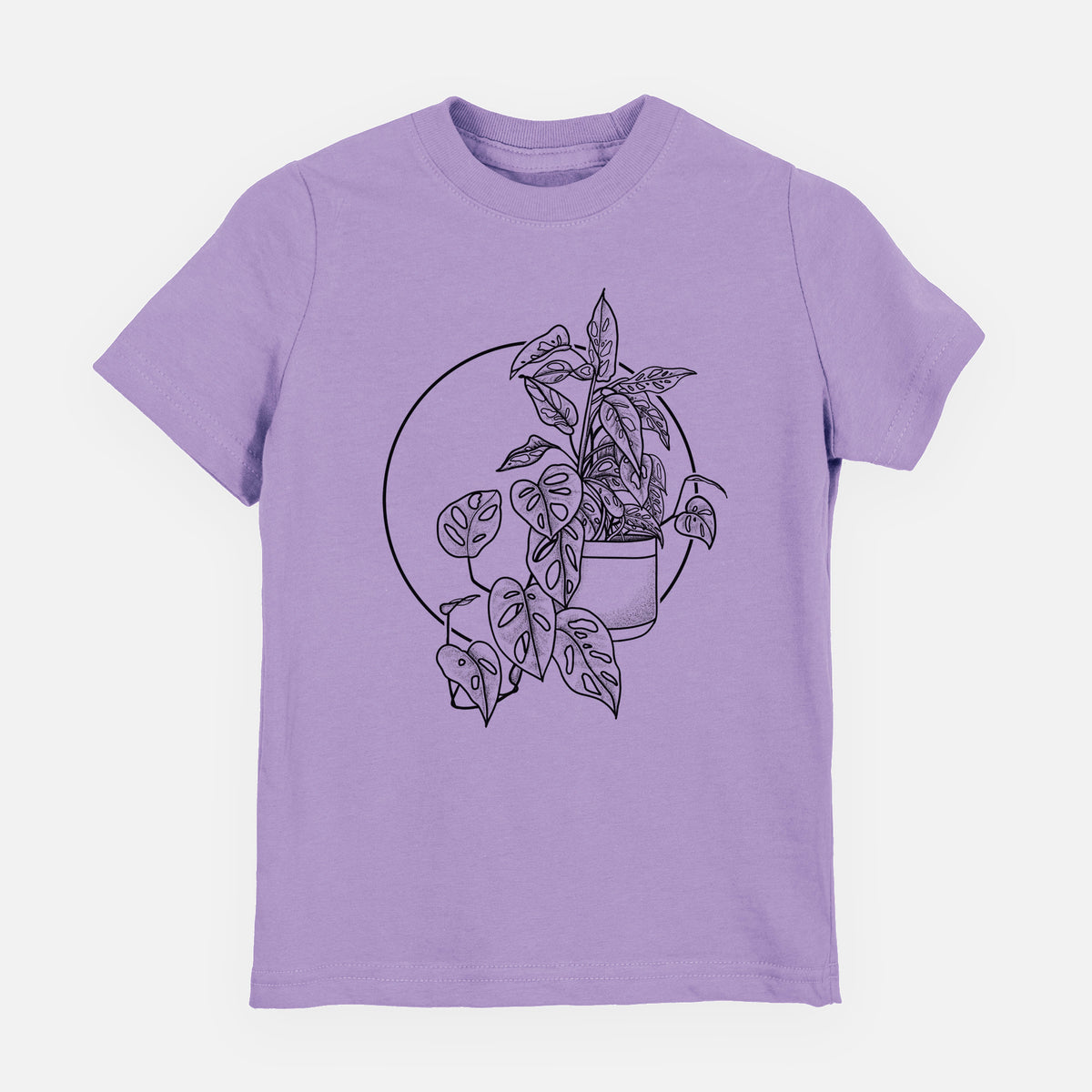 Lavender youth t-shirt laid flat, printed with a black ink illustration of a potted Monsteradansonii plant with trailing vines in front of a circle.