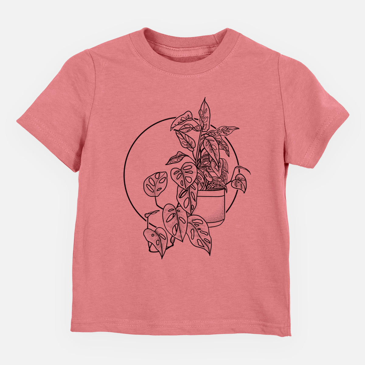 Mauve pink toddler t-shirt laid flat, printed with a black ink illustration of a potted Monsteradansonii plant with trailing vines in front of a circle.