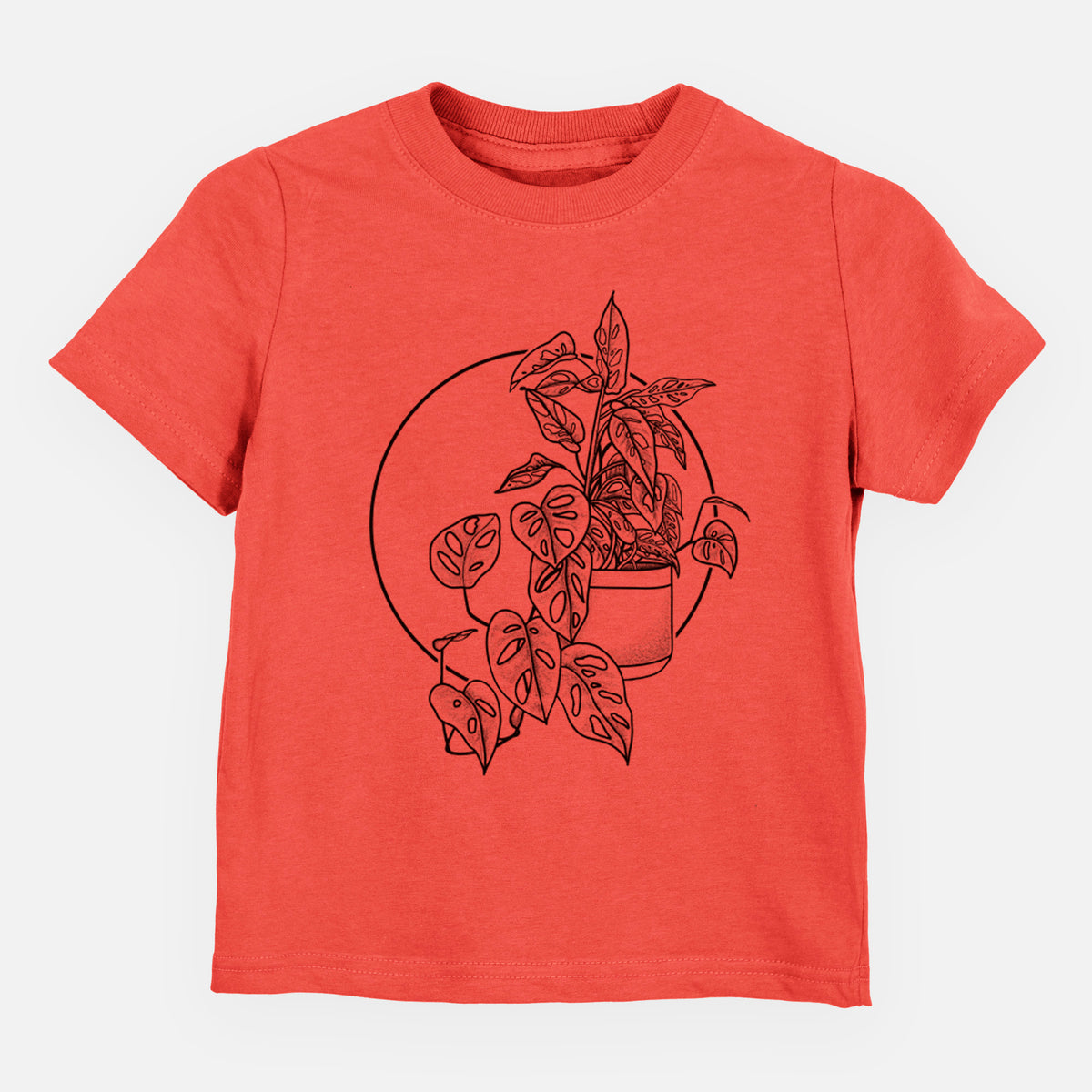 Passionfruit pink toddler t-shirt laid flat, printed with a black ink illustration of a potted Monsteradansonii plant with trailing vines in front of a circle.