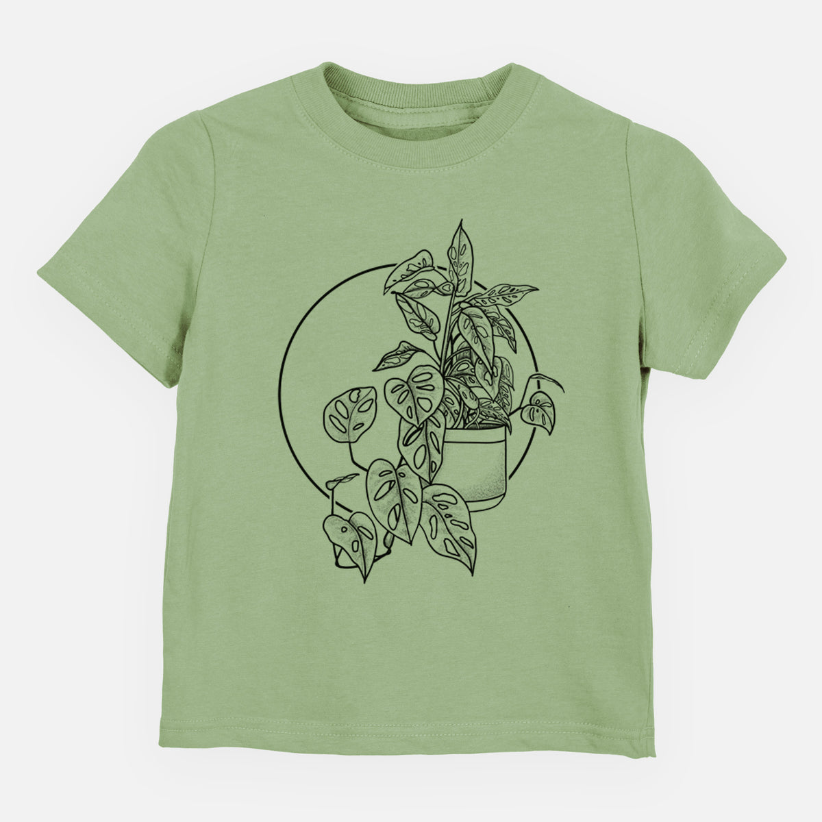 Sage green toddler t-shirt laid flat, printed with a black ink illustration of a potted Monsteradansonii plant with trailing vines in front of a circle.