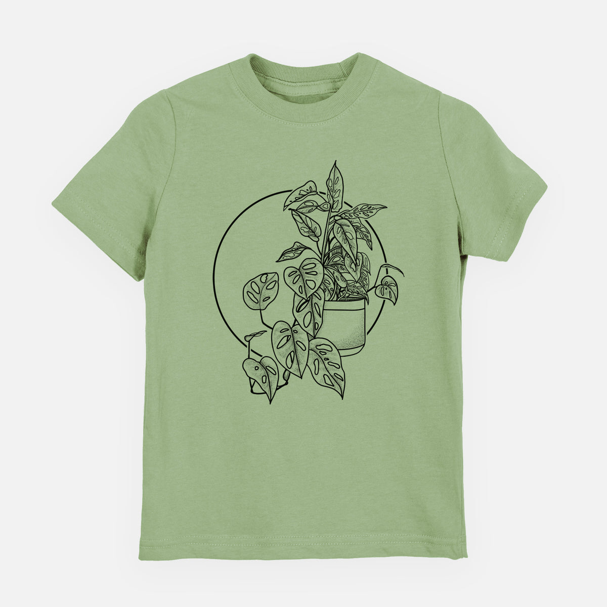 Sage green youth t-shirt laid flat, printed with a black ink illustration of a potted Monsteradansonii plant with trailing vines in front of a circle.