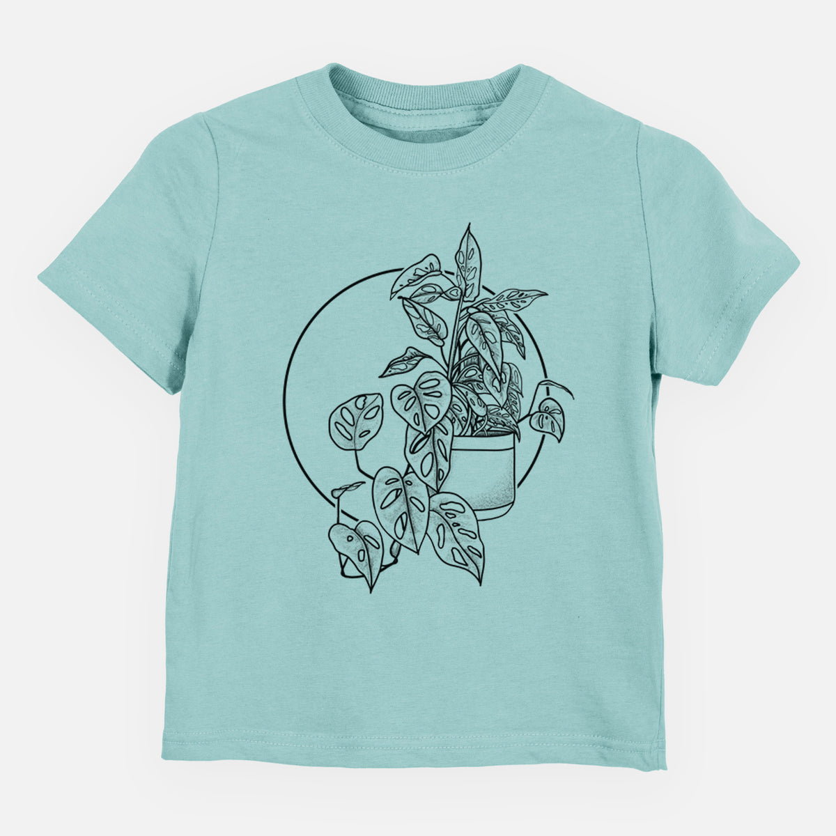 Saltwater toddler t-shirt laid flat, printed with a black ink illustration of a potted Monsteradansonii plant with trailing vines in front of a circle.