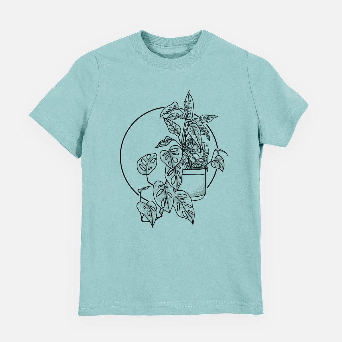 Saltwater youth t-shirt laid flat, printed with a black ink illustration of a potted Monsteradansonii plant with trailing vines in front of a circle.