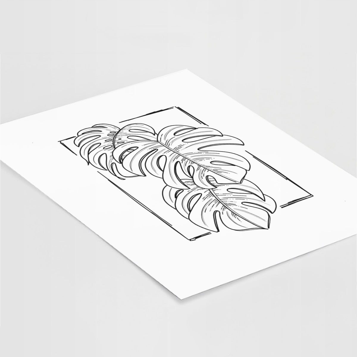 Art print of a black ink line drawing of Monstera deliciosa leaves inside a rectangle outline, lying at an angle on a white surface.