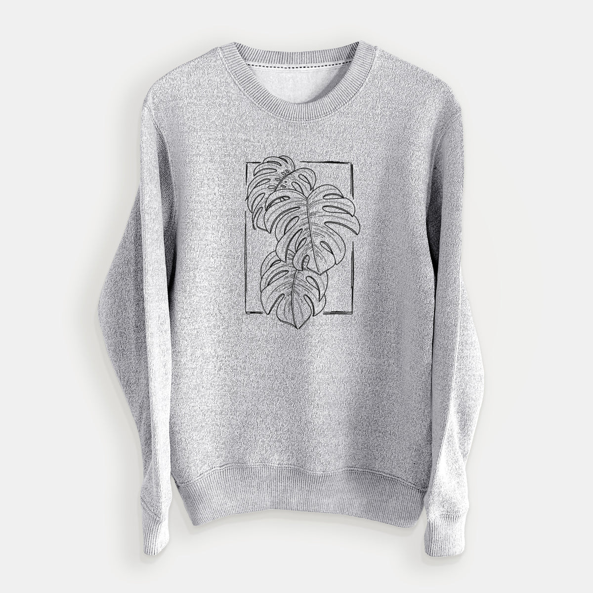 Salt and pepper knit sweatshirt laid flat, printed with a black ink line drawing of Monstera deliciosa leaves inside a rectangle outline.