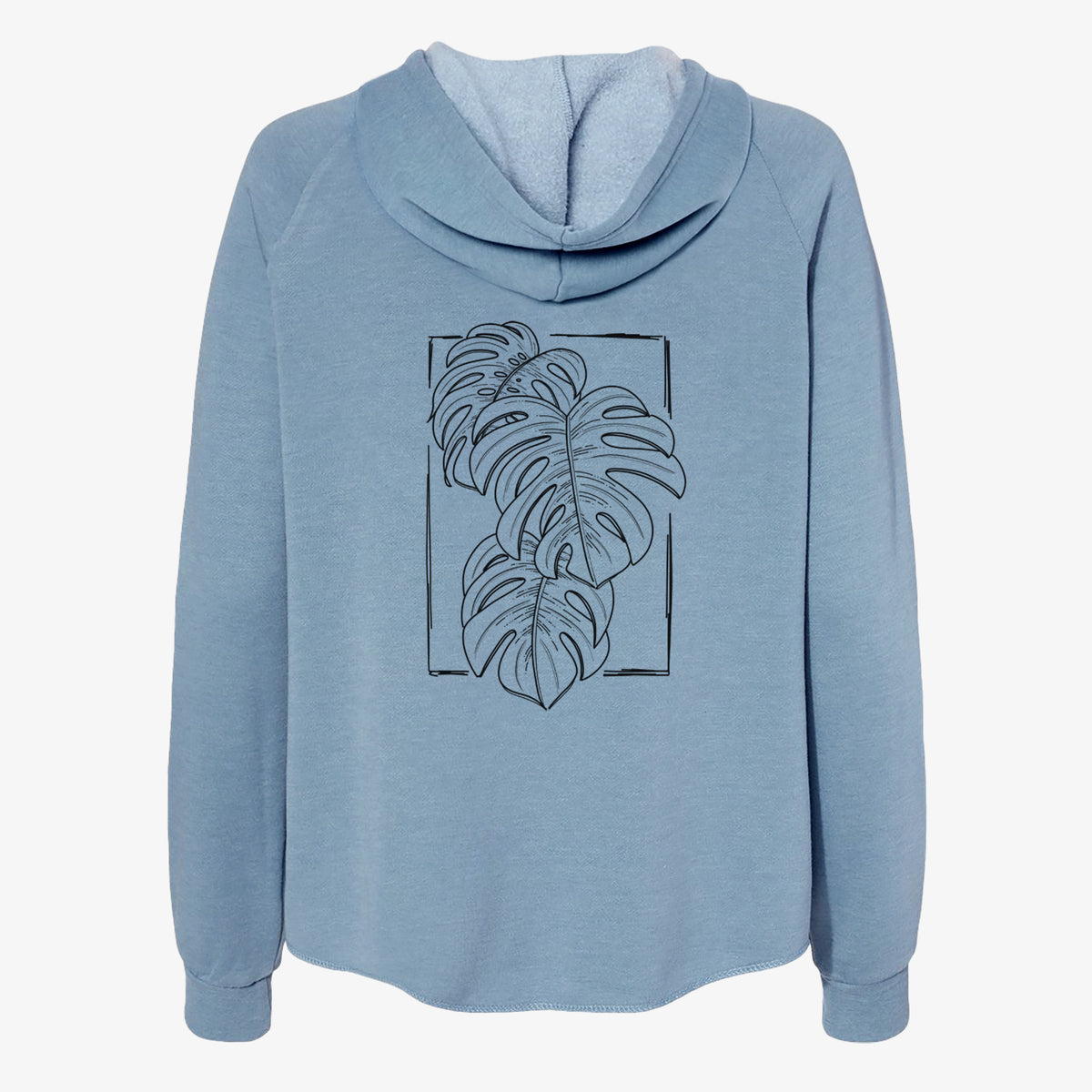 Misty blue women's Cali Wave zip-up sweatshirt laid flat, printed with a black ink line drawing of Monstera deliciosa leaves inside a rectangle outline.