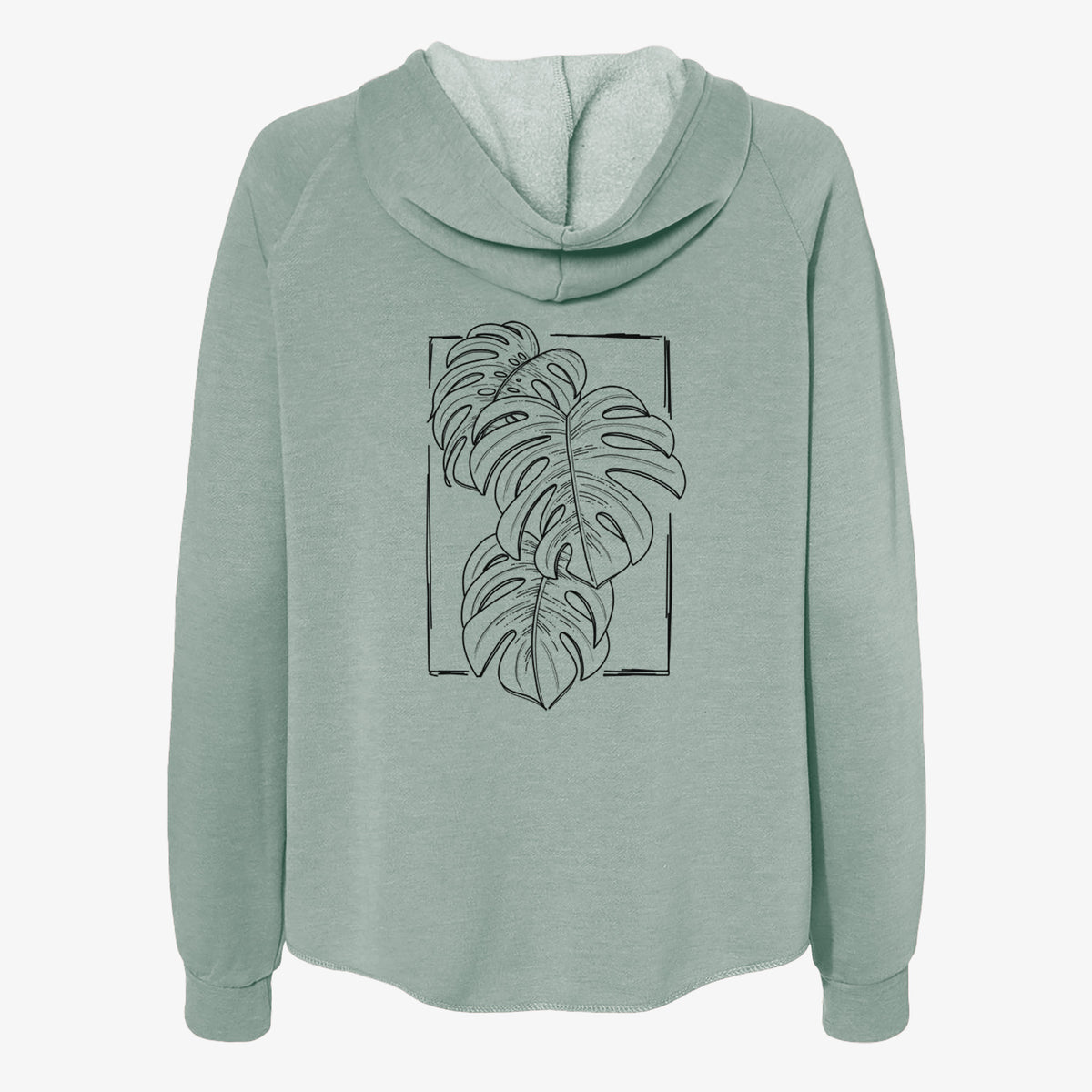Sage green women's Cali Wave zip-up sweatshirt laid flat, printed with a black ink line drawing of Monstera deliciosa leaves inside a rectangle outline.