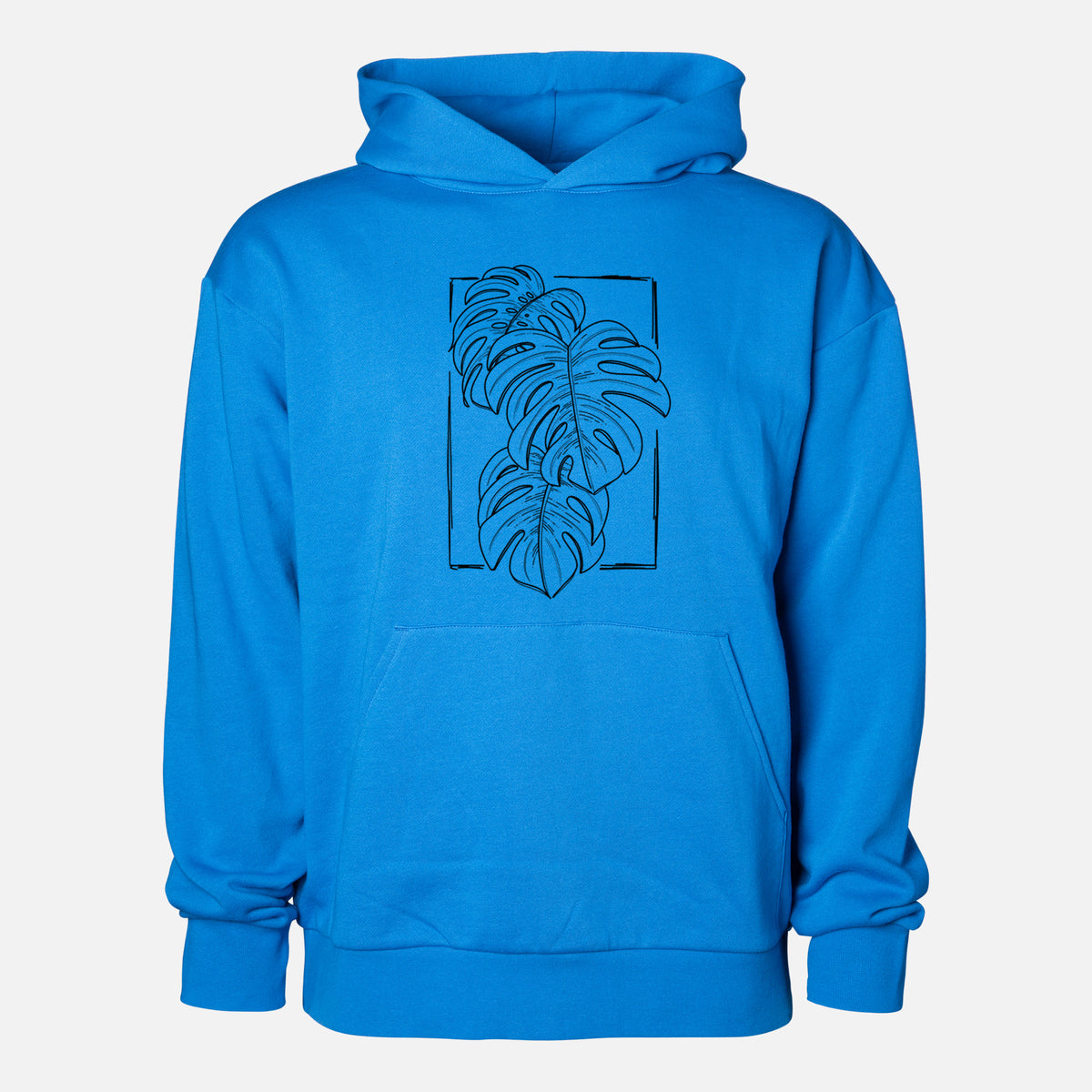 Monstera Deliciosa - Statement Midweight Hoodie in Azure Blue, shown from the front with the design printed on the chest above a front kangaroo pocket.