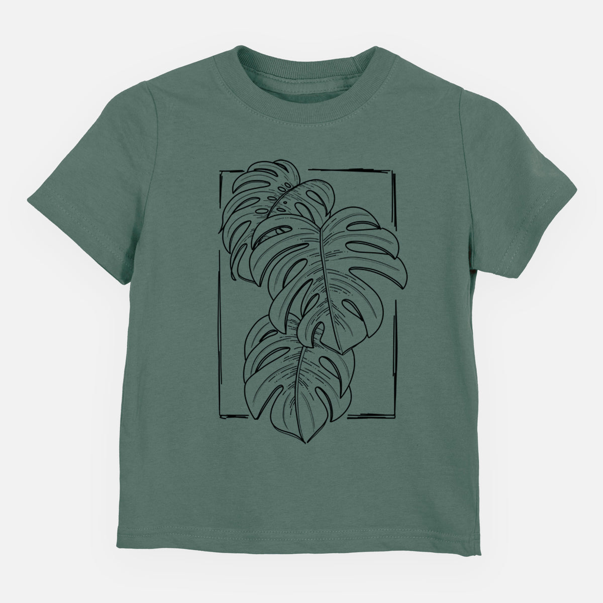 Basil green toddler t-shirt laid flat, printed with a black ink line drawing of Monstera deliciosa leaves inside a rectangle outline.