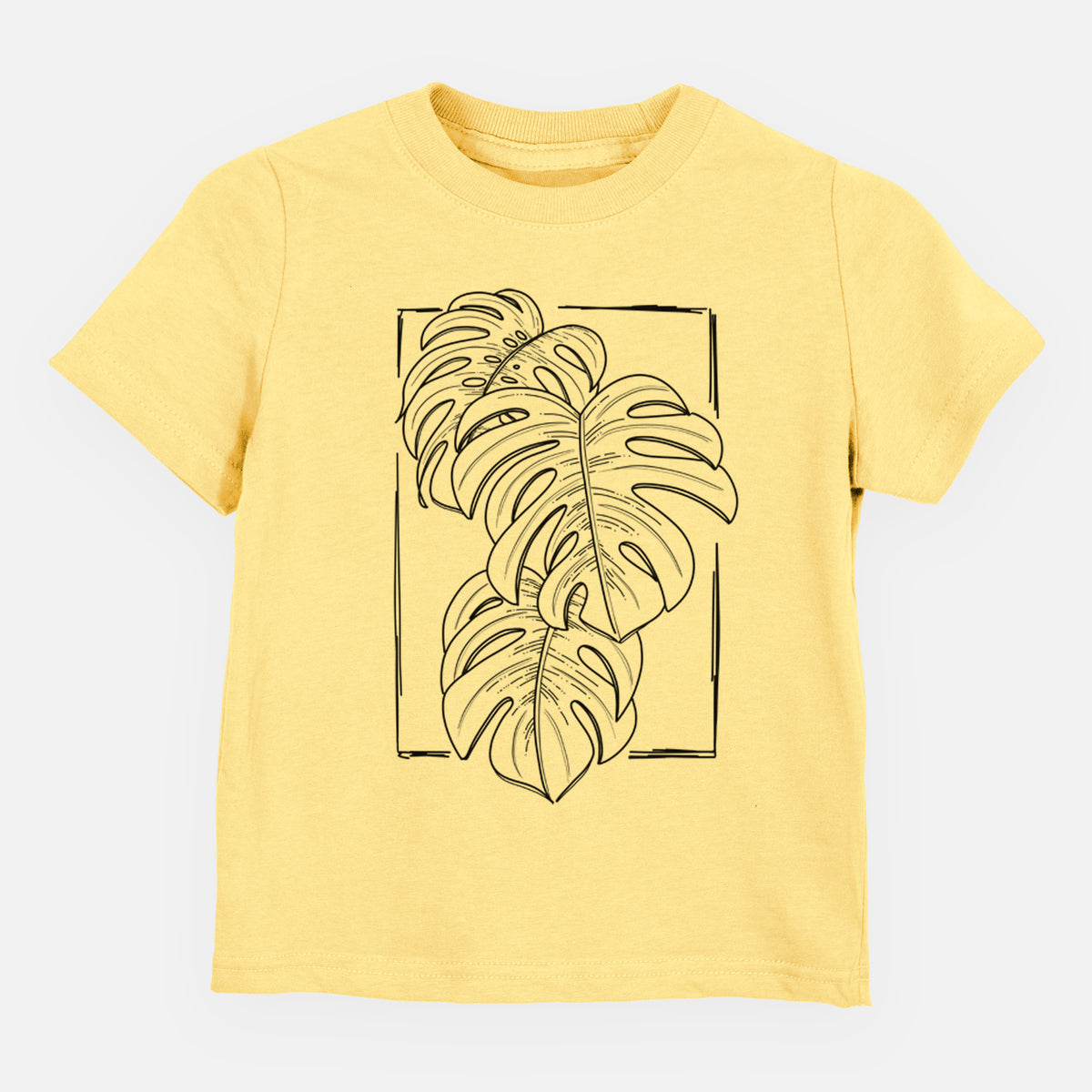 Butter yellow toddler t-shirt laid flat, printed with a black ink line drawing of Monstera deliciosa leaves inside a rectangle outline.