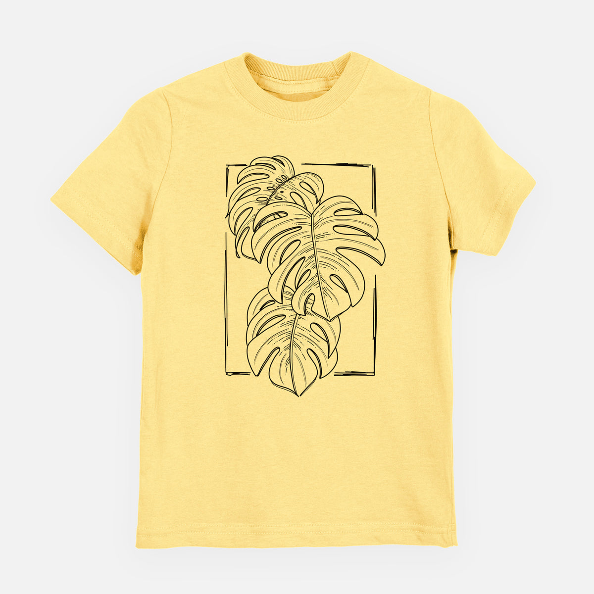 Butter yellow youth t-shirt laid flat, printed with a black ink line drawing of Monstera deliciosa leaves inside a rectangle outline.