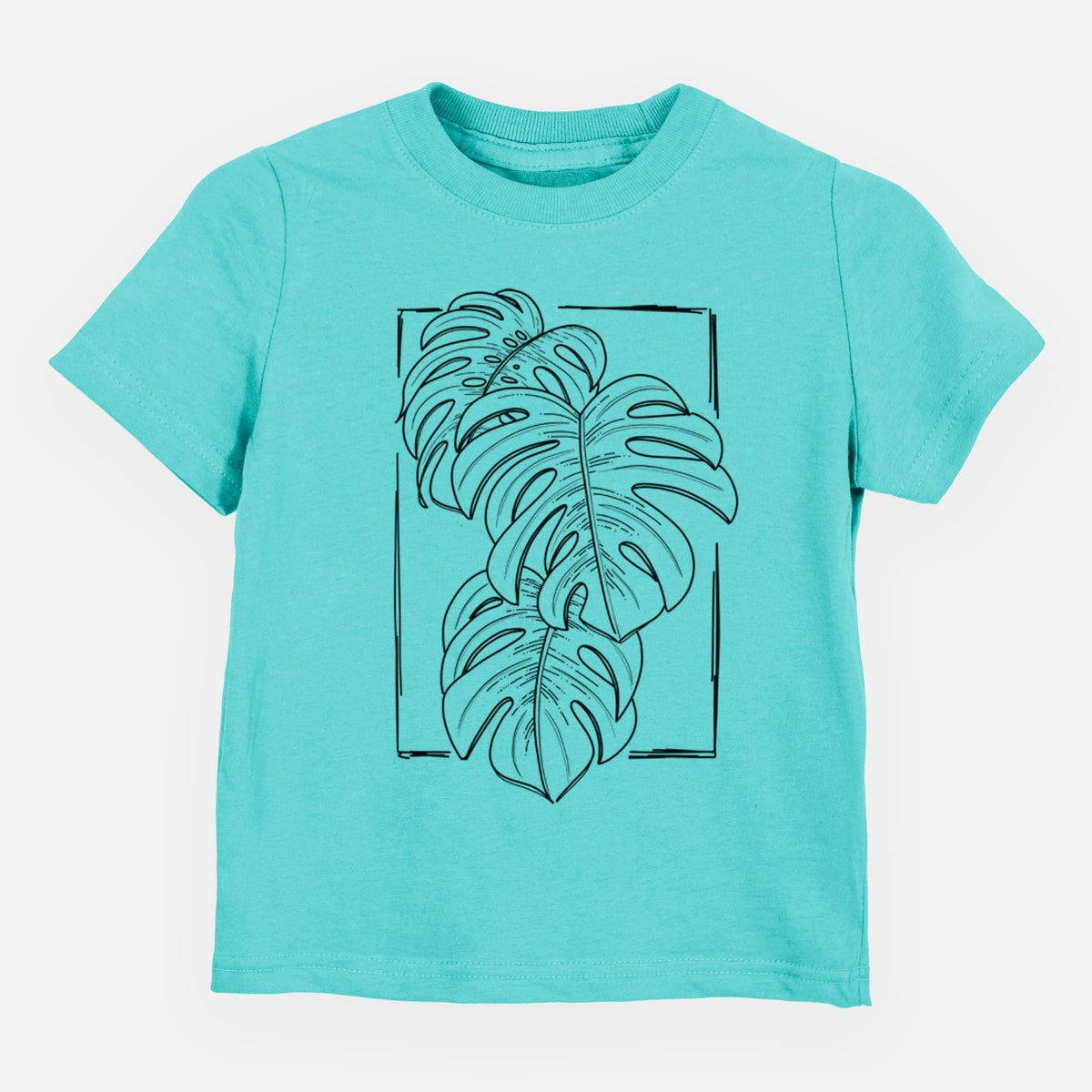 Caribbean blue toddler t-shirt laid flat, printed with a black ink line drawing of Monstera deliciosa leaves inside a rectangle outline.