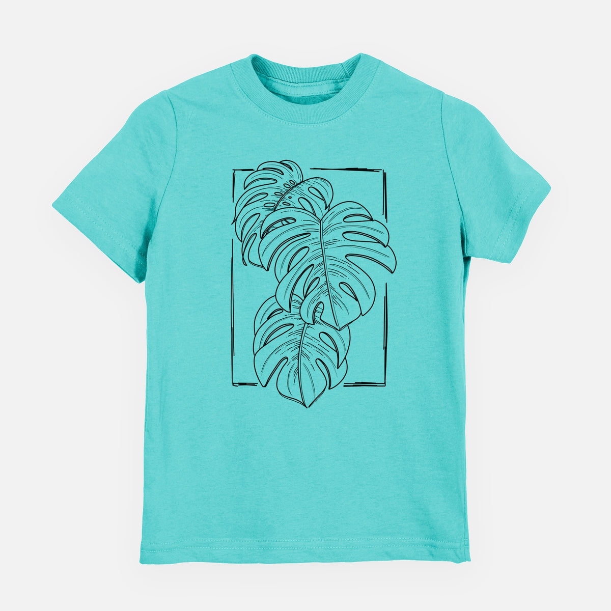 Caribbean blue youth t-shirt laid flat, printed with a black ink line drawing of Monstera deliciosa leaves inside a rectangle outline.