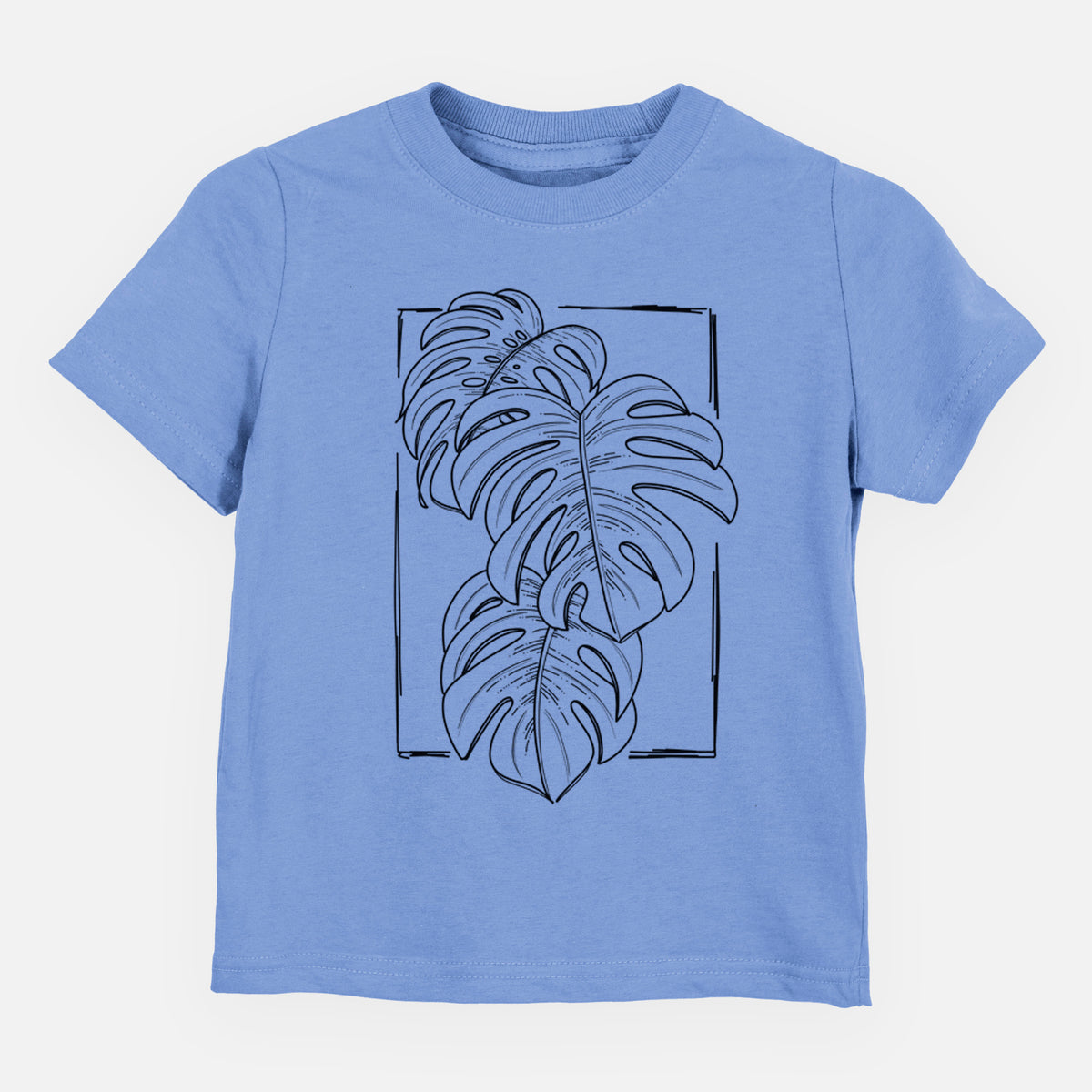 Carolina blue toddler t-shirt laid flat, printed with a black ink line drawing of Monstera deliciosa leaves inside a rectangle outline.