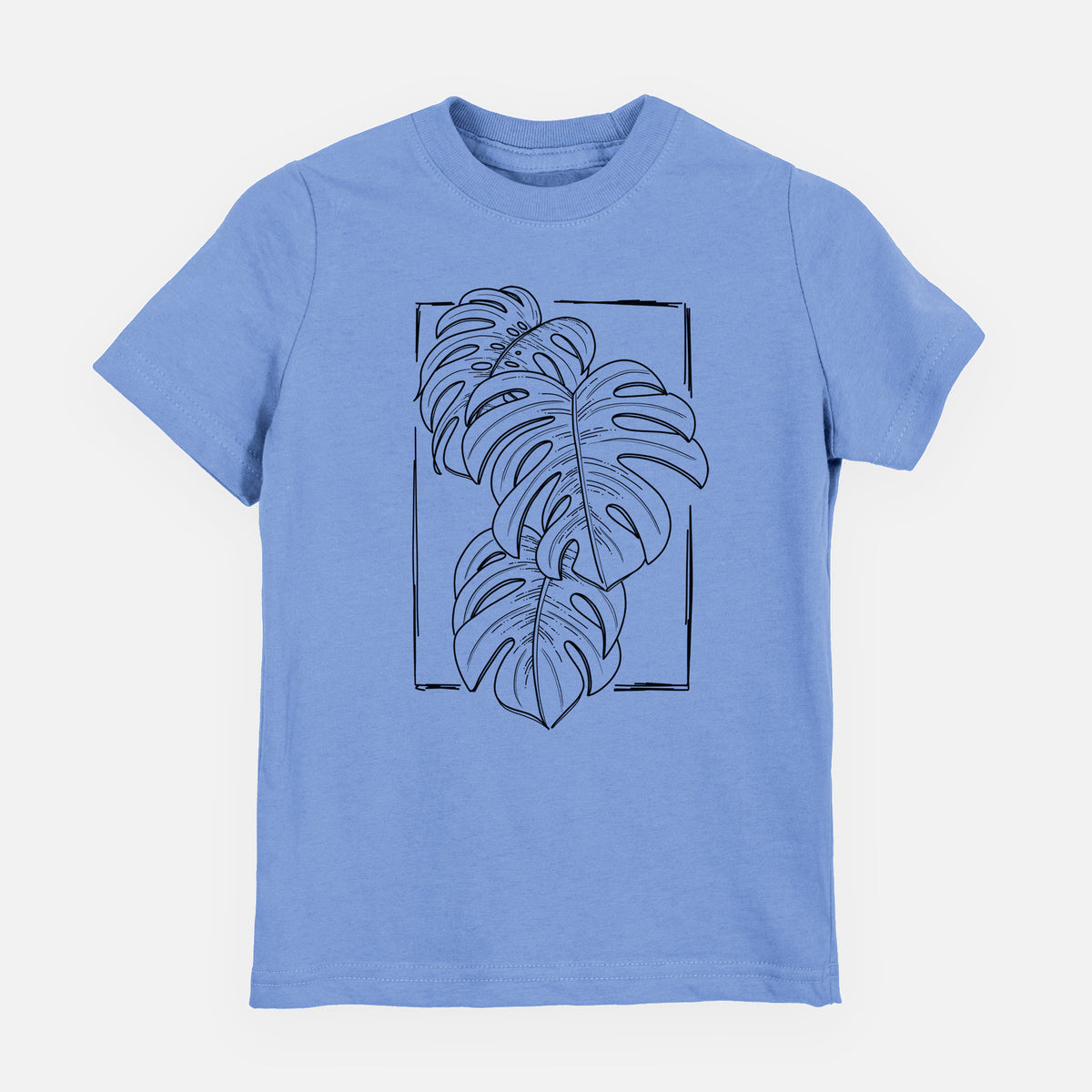 Carolina blue youth t-shirt laid flat, printed with a black ink line drawing of Monstera deliciosa leaves inside a rectangle outline.